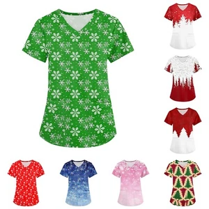 Plus Size Printed Scrub Working Uniform Tops For Women's Cross V Neck Christmas - Picture 1 of 36
