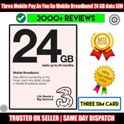 24GB Pre-loaded Data SIM Card Three Pay-As-You-Go For Mobile Broadband Devices