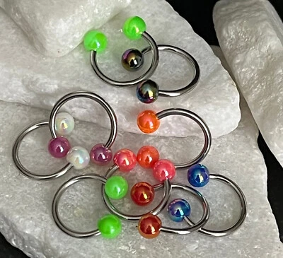 PAIR Aurora Borealis Coated Circular Barbell Horseshoes Lip Nipple Septum Rings - Image 1 of 2