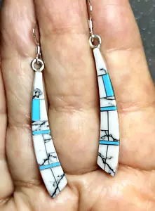 Sleeping Beauty Turquoise, White Buffalo & Sterling Silver Inlay Earrings - Picture 1 of 5