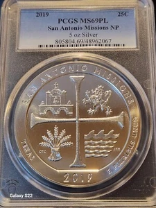 2019 25C 5OZ Silver ATB San Antonio Missions NP PCGS MS69PL (Proof-Like,  Pop 6) - Picture 1 of 5