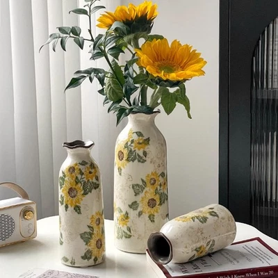 Rustic Ceramic Vase Set, Chinoiserie Sunflower and Beige Vintage Flower Vase ... - Image 1 of 4