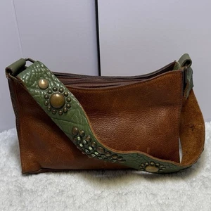 Two Bar West Bolso de Hombro Cuero Verde Estrás Marrón Cuero - Imagen 1 de 10