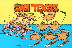 Vintage Postcard- SKI TEXAS, Cartoon Comic Mario Risso Unposted  - Picture 1 of 2