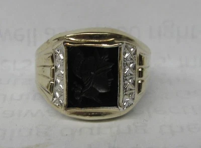 ANILLO GUERRERO ÓNIX ORO MACIZO 10K Y PLATA ESTERLINA PARA HOMBRE TALLA 10 8,6 GRAMOS Foto 1 de 4
