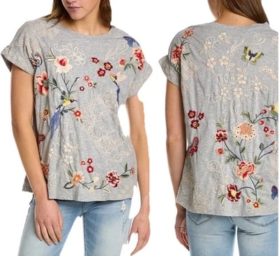 Футболка Johnny Was Jailyn M богемная вышитая топ вересковый серый птица рукава доломан - Изображение 1 из 4