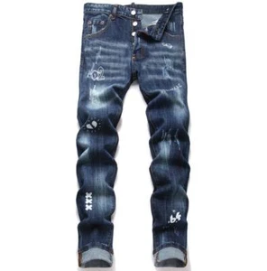 Pantalones de mezclilla elásticos rasgados punk con decoración de letras azul oscuro para hombre - Imagen 1 de 7