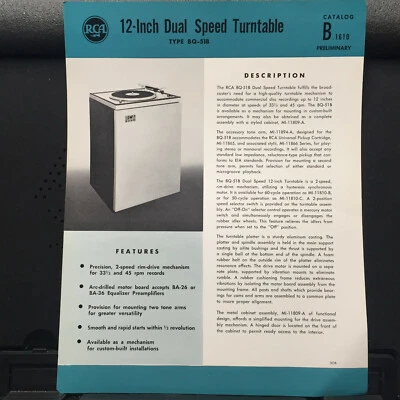 Vtg RCA Brochure for 12-Inch Dual Speed Turntable Type BQ-51B Catalog Insert - Image 1 of 2