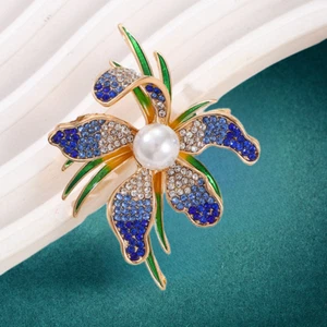 Pink/Blue/Green Crystal Rhinestone Enamel Orchid Flower Brooch Pin - Picture 1 of 9
