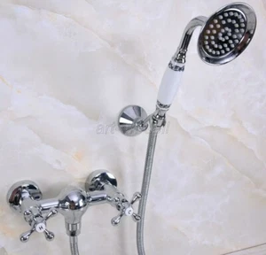 Bathroom Wall Hand Held Shower Chrome Brass Spray 2 Handles Mixer Faucet Tap - Picture 1 of 7
