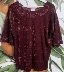 Blusa J Jill Mediana Terciopelo Borgoña Bordado Escote Manga Corta - Imagen 1 de 6