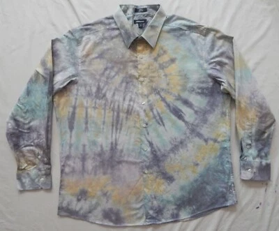 Tie Dye Blue Black Yellow Long Sleeve Button Up Shirt - 2XL Slim Mens Hand Made - Image 1 of 4