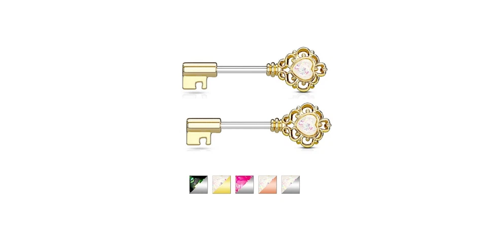 Pair Opal Glitter Heart Centered Filigree Vintage Key Nipple Barbell Body Jewely - Image 1 of 1