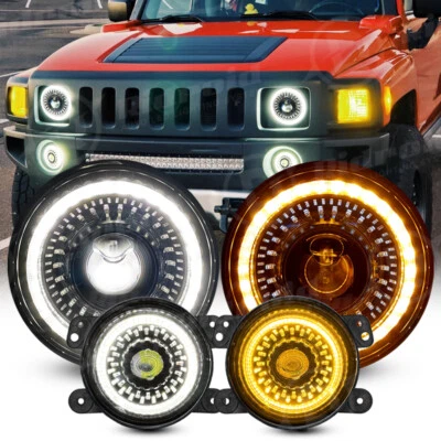 For Hummer H2 H3T 06-10 Halo 7" inch LED Headlights & 4" Fog Lights Combo Kits - Image 1 of 4