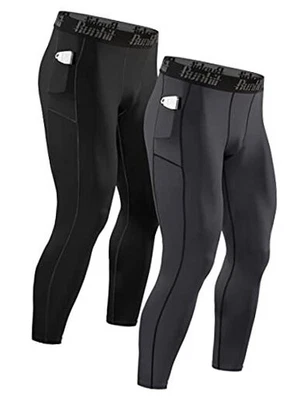  Compression Pants Men Running Tights Large 2 Pack Pocket :Black & Gray - Image 1 of 4