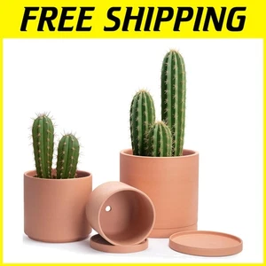 Set of 3 Terracotta Planter Pots with Drainage Holes & Saucers - Modern Design - Picture 1 of 9