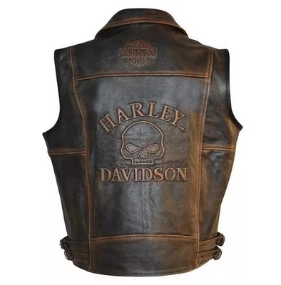 Harley-Davidson Knuckle Mens Biker Vest Distressed Genuine Cowhide Leather Vest - Image 1 of 4