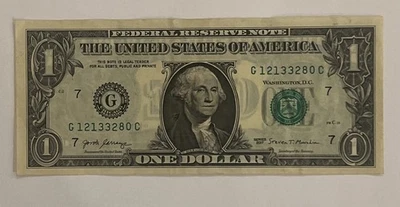 ERROR 2017 BILLETE DE $1 RESERVA FEDERAL TINTA HÚMEDA TRANSFERENCIA FRONTAL, PARTE POSTERIOR DESALINEADA Foto 1 de 4