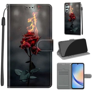 For Various Phone Card Wallet Case Painted Fire Rose Leather Flip Stand Cover - Picture 1 of 20