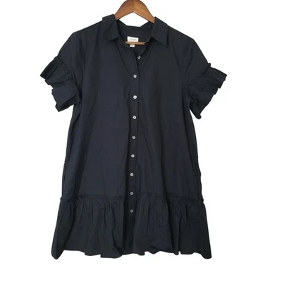 J.Crew Ruffle-Hem Shirt-Dress in Cotton Poplin Womens Size P10 Black Pockets NWT - Image 1 of 4