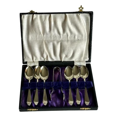Vintage Art Deco Set Of  6 EPNS Silver Plated Teaspoons & Sugar Tongs In Case - Image 1 of 4