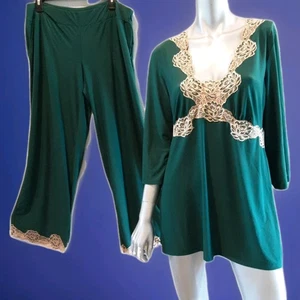 SOMA-Elegant EMERALD Lounge/PJ Set Ecru Lace Trim Nylon Tunic Palazzo Pants Sz L - Picture 1 of 19