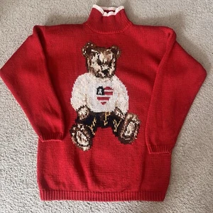 Vintage The Eagle's Eye Hand Knit USA Teddy Bear Novelty Sweater Size Large - Picture 1 of 7