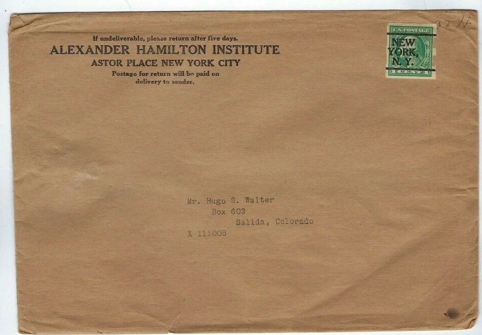New York N.Y. Precancel Cover 1 Cent Washington Schermack  Type III Perforations - Image 1 of 1