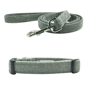 Olive Green Herringbone Flannel Tweed Dog Collar and Matching Leash Set Unisex - Picture 1 of 10