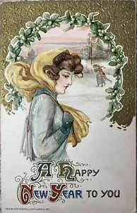 Samuel Schmucker Neujahr Postkarte Nachdenkliche Brünette Schönheit mit Schlittschuhen ~ Winter - Bild 1 von 3