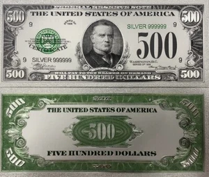 PRECIOSO BILLETE DE 500 DOLARES FANTASIA PLASTIFICADO PLATEADO SC - Imagen 1 de 1