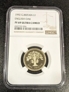 1992 PF69 Ultra Cameo Great Britain £1 Pound NGC KM 948 English Oak - Picture 1 of 2