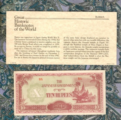 Great Historic Banknotes Burma Japanese Occupation 10 Rupees 1942 P-16b UNC - Image 1 of 3