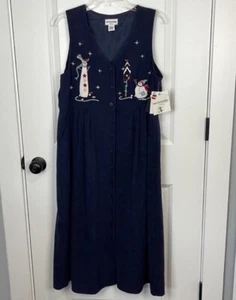 Vintage Embroidered Snowman Jumper Teacher Dress Pockets Button Front Winter - Picture 1 of 6