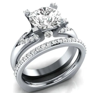 Round Cut 2.50 Carat Moissanite Bridal Set Engagement Ring Solid 14K White Gold - Picture 1 of 5