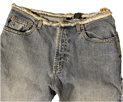 Y2K Express Blue Jeans Flare sz 5/6 S Frayed Waist/Legs Mid-Rise Vintage - Image 1 of 4