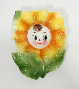Vintage Girasol Antropomórfico Bolsillo de Pared Colgante Flor Amarilla Cara Japón - Imagen 1 de 11