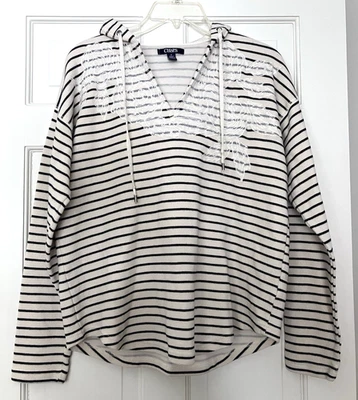 Chaps Women's M Stripe Hooded V-Neck Embroidered Lace Pullover Top - Image 1 of 4