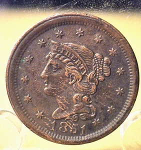 1851 Braided Hair Large Cent Broadstruck Error Crisp AU Features N5 R3 - Picture 1 of 2
