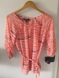 PRINCIPLES WOMEN'S ORANGE /IVORY & BLACK GEOMETRIC SHEER POLYESTER TOP WITH TIES - Picture 1 of 8