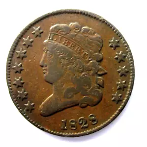 1828 CORONET HEAD HALF CENT 1/2 C NICE 12 STARS CHOCOLATE COLLECTOR DATE COIN - Picture 1 of 2