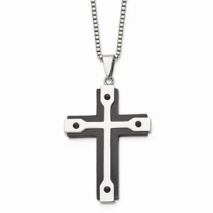 Stainless Steel Brushed and Polished Black IP-plated Cross Necklace - Picture 1 of 3