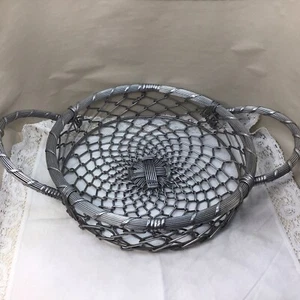 Woven Wire Basket Tray Round W/ Handles Farmhouse Prairie Log Cabin Cottagecore - Picture 1 of 8