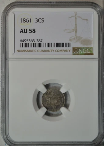 1861 3 cent silver, type 3, NGC AU58..........Type Coin Company Cover