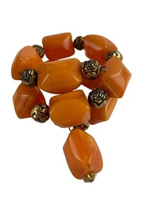 Butterscotch Amber Bead Bracelet Bronze Tone Rose Accents Bakelite - Picture 1 of 4