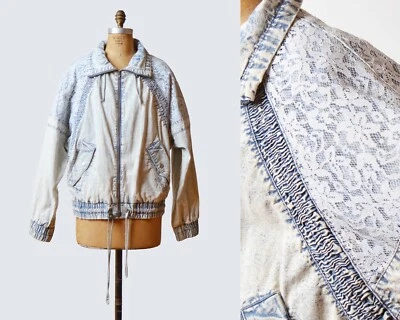 Chaqueta vaquera de encaje blanqueado lavado ácido piedra vintage años 80 cremallera cordón M Foto 1 de 3