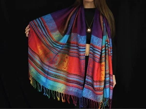 Rainbow Festival Pashmina Scarf | Brown Multi colored Women Wraps Travel Shawls - Picture 1 of 9