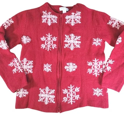 Cárdigan suéter de lana de cordero con cremallera copo de nieve rojo vintage de esquina informal Foto 1 de 4