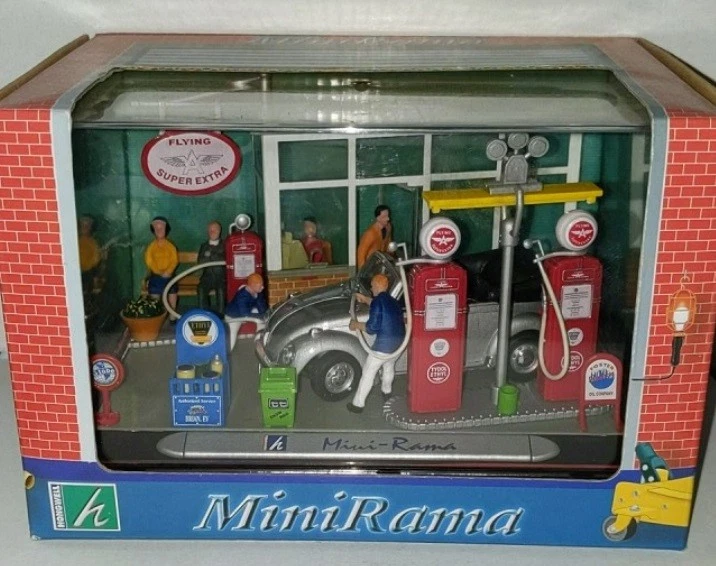 Diorama Hongwell 20102 Mini Rama prata VW Fusca posto de gasolina conversível - Imagem 1 de 1