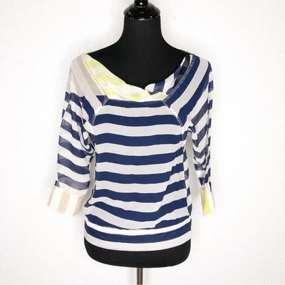 Top Diane von Furstenberg azul marino tostado blanco rayas seda transparente cuello talla 2 Foto 1 de 4